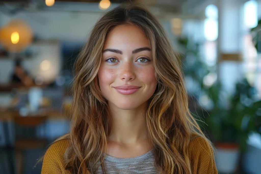 Woman with long hair looking into camera